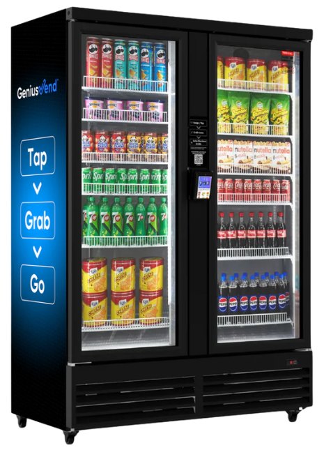 Double-door Genius Vend smart cooler, fully stocked